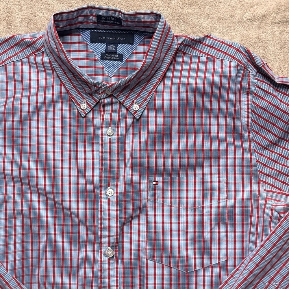 Tommy Hilfiger Men's Dress Shirt Blue Red‎ Plaid Long Sleeve Custom FIt